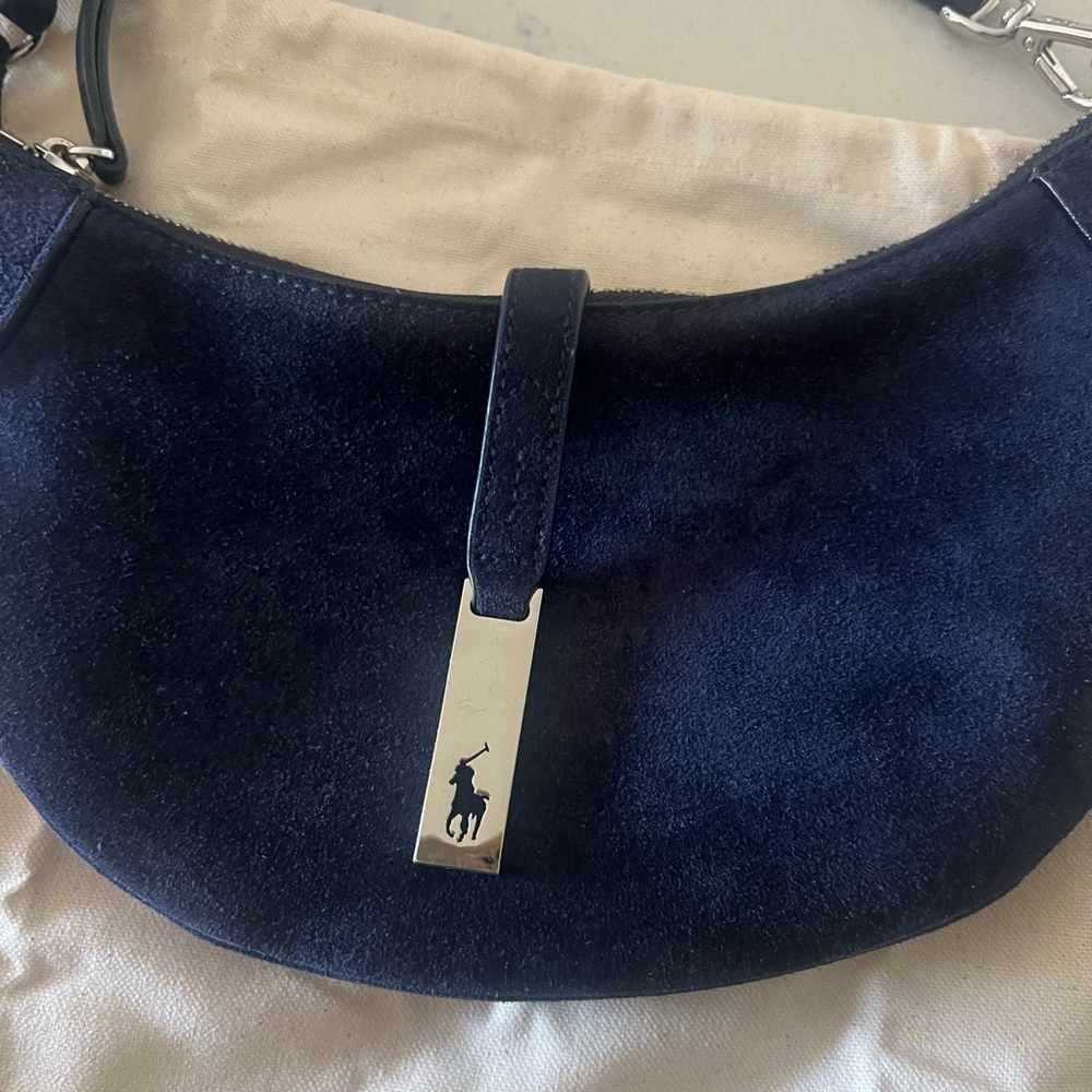 Polo by Ralph Lauren Navy Shoulder Bag silver hardware blue suede mini polo id - Picture 3 of 8
